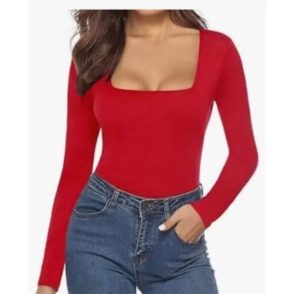 Mangopop Tops - Mangopop Bodysuit M Medium Red Square Neck Long Sleeve Top NWT